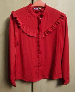 Chic Red Ruffle Detail Button-Up Shirt