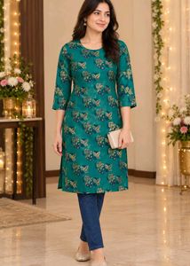 Elegant Teal Green Floral Print Kurti