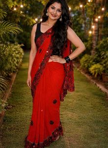 Elegant Red & Black Embroidered Saree