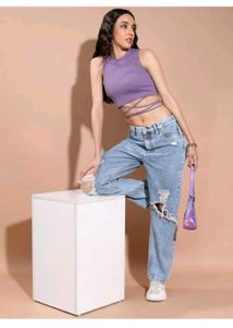 Purple Ribbed Crop Top with Tie-Back