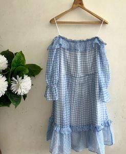 Blue Gingham Off-Shoulder Dress from AND
