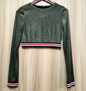 Long Sleeve Crop Glitter Sequins T-shirt(Women's)