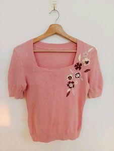 Chic Pink Floral Embroidered Square Neck Top