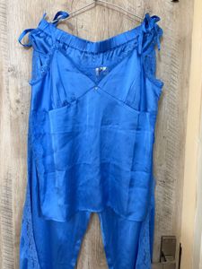 Blue Satin Lace Pajama Set