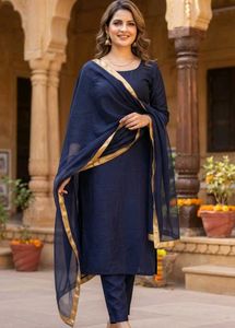 Navy Blue Dupatta with Golden Border
