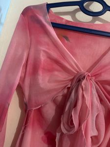 Sheer Pink Tie-Front Long Sleeve Top