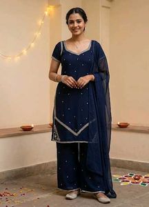 Navy Blue Kurta Palazzo Set with Dupatta