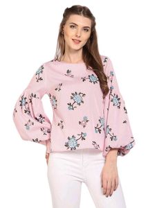 Pink Floral Striped Puff Sleeve Top