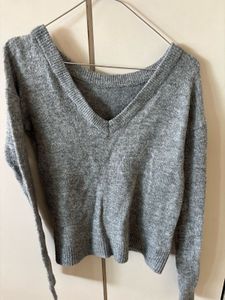 Comfy Grey V-Neck Knit Sweater