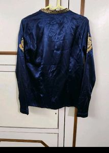 Fusion Party Navy Satin Embroidered Shirt
