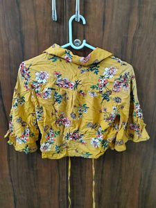 Yellow Floral Tie-Front Crop Top