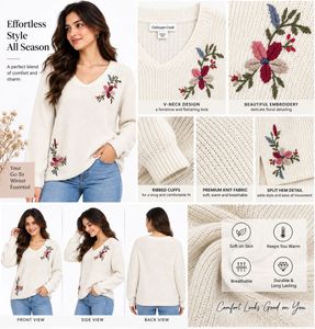 Embroidered V-Neck Cream Sweater