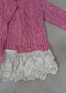Chic Pink Lace Trim Cardigan