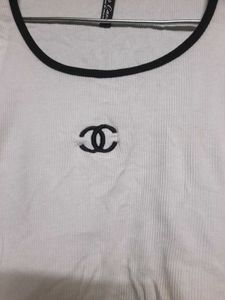 Chanel White Ribbed Crop Top with Black Trim