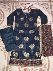 Elegant Navy Blue Embroidered Suit Set
