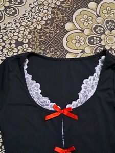 Black Lace Trimmed Bow Detail Top