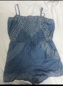 Denim Embroidered Strapless Romper
