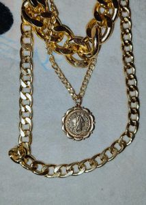 Layered Gold Chain Necklace with Coin Pendant