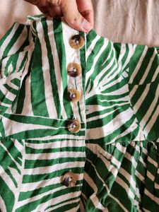 Cotton Green Leaf Print Button-Up Mini Dress