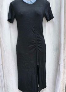 51812. Black Ruched Side Slit Dress