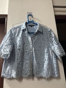 Blue Lace Button-Up Top