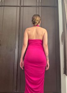 Hot Pink Halter Neck Cutout Ruched Dress