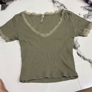 Sage Green Lace Trim V-Neck Top