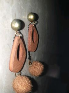 Wooden Teardrop Earrings with Pom Poms