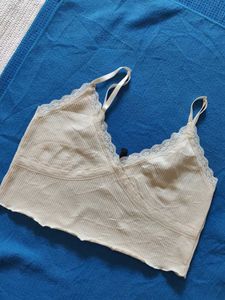H&amp;M Cream Ribbed Lace Trim Camisole Top