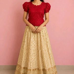 Sparkling Red Sequin Top & Golden Skirt Set