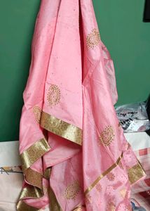Elegant Pink Silk Saree with Gold Border