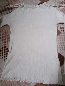 Cream Ribbed Long Sleeve Tie Neck Top
