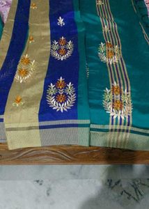 Beautiful Teal &amp; Blue Striped Saree