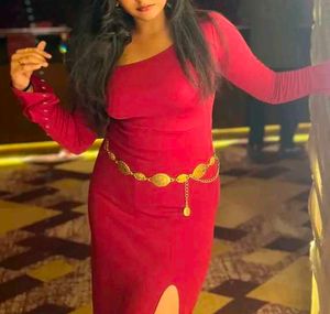 Elegant Red One-Shoulder Dress with Gold Belt