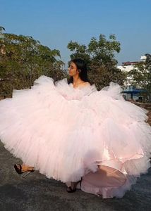 Pink Tulle Layered Party Gown
