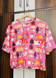 Cute Cat Print Pink Cropped T-Shirt