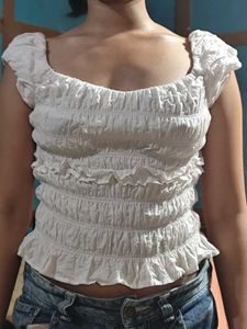 white smocked ruffle crop top