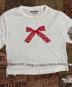 White T-Shirt with Red Bow Detail