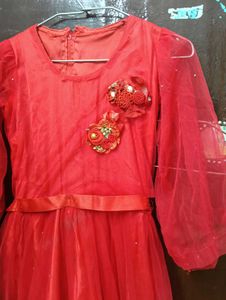 Stunning Red Net Gown with Floral Embellishments