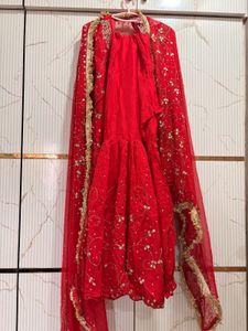 Elegant Red Embroidered Kurta Sharara with Dupatta