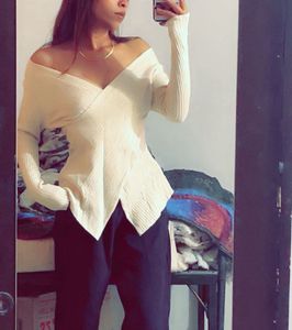 Off-Shoulder Cream Knit Top