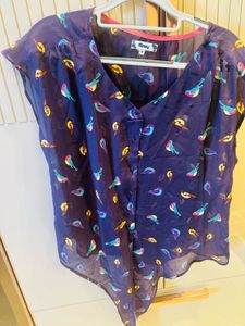 Charming Bird Print V-Neck Button-Up Top