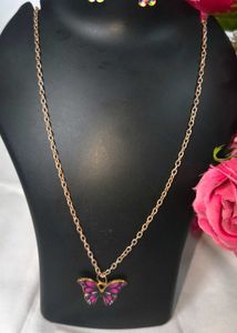 Elegant Gold Chain Metal Fark Pink Necklace &amp; Eyer