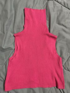 Hot Pink Ribbed Turtleneck Sleeveless Top
