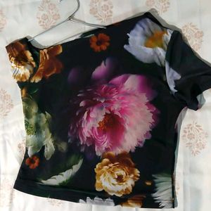 Black Floral Print One Shoulder Top