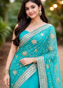 Turquoise Saree with Gold Embroidery
