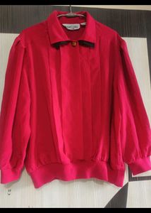 Red V-Neck Pleated Blouse