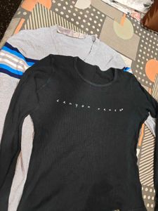 Gray Striped Cardigan and Black T-Shirt Set