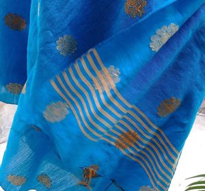 Beautiful Blue Dupatta with Gold Floral Motifs