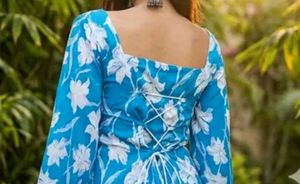 Blue Floral Print Kurta with Bell Sleeves